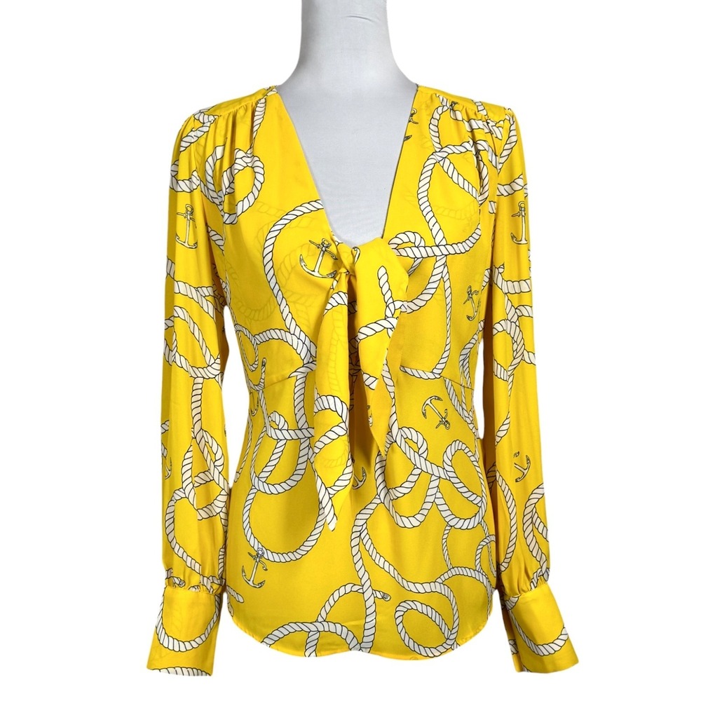CAbi Nautical Rope Anchor Tie Neck‎ Blouse Size S Yellow Long Sleeve Semi Sheer